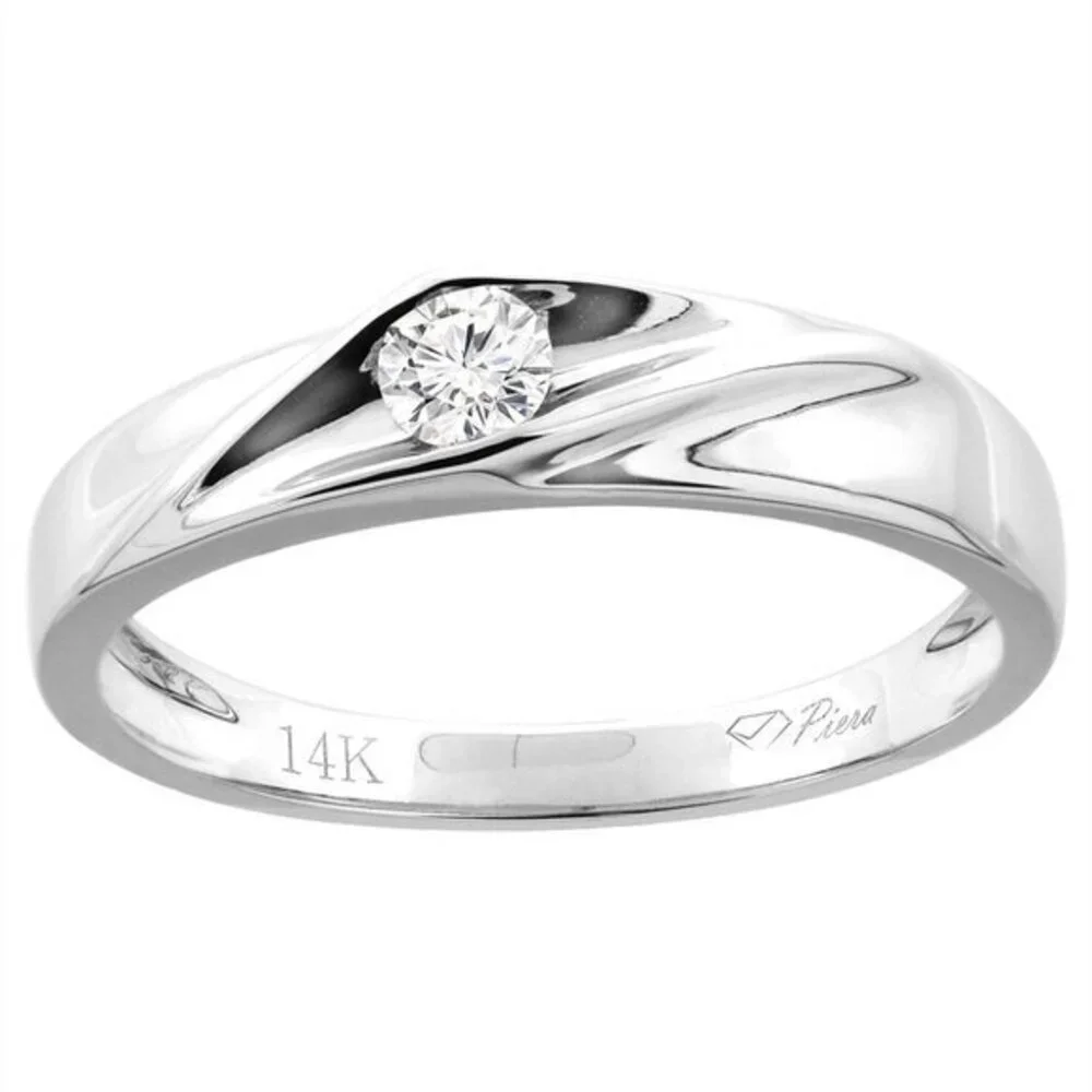 14K White Gold Men's Solitaire Real Diamond Wedding Band 4 mm 0.17 cttw